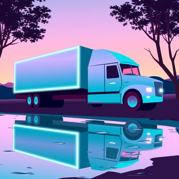 A large truck with soft, glowing lights positioned next to a tranquil lakeside during the evening. The truck's body is painted in a sleek metallic color with reflections from the water nearby. The gentle lights cast a warm, subtle illumination around the truck, highlighting the contours of its design. The surface of the lake mirrors the colors of the dusk sky, where shades of orange, pink, and purple blend seamlessly. Silhouettes of trees frame the lakeside, their leaves softly illuminated by the truck's lights. The scene conveys a sense of peacefulness and solitude, with a calm water surface disturbed only by occasional ripples.