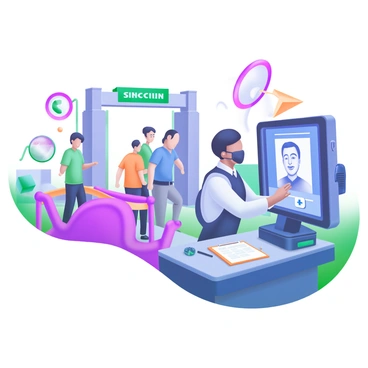 A modern pastel illustration depicting a theme park scene with staff members utilizing facial recognition technology. In the foreground, a staff member is standing beside a kiosk equipped with a screen displaying a facial recognition interface. The staff member is wearing a uniform and is interacting with the technology. In the background, guests are moving through a security checkpoint, some smiling and others engaged in conversation. Nearby, there are colorful attraction signs and decorations that enhance the lively atmosphere of the theme park. A clipboard and a radio are visible on the staff member's station, emphasizing their role in maintaining safety.