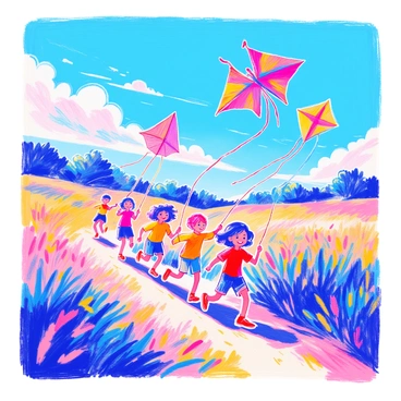 A group of children is running through a grassy field, each holding colorful kites soaring high above them. The kites are shaped like a dragon, a butterfly, and a traditional diamond shape, each with vibrant patterns and colors. The children have joyful expressions on their faces, wearing bright t-shirts and shorts. In the background, there are a few fluffy white clouds scattered in the "clear blue sky." The sun is shining brightly, illuminating the scene and casting soft shadows on the ground.
