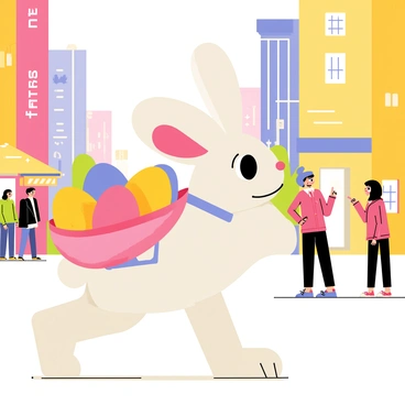An Osterhase exploring a bustling cityscape with a satchel full of Easter eggs
