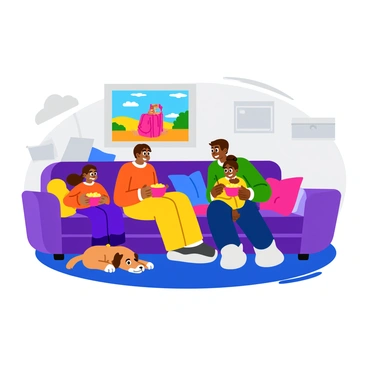 A family gathered around a large screen watching a movie with popcorn and blankets