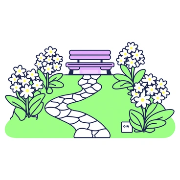 A small garden is filled with edelweiss plants. The garden is bordered by a low stone wall, providing a sense of enclosure. The edelweiss plants are arranged in neat, symmetrical clusters, their star-shaped white flowers contrasting with the surrounding green leaves. In the background, there is the outline of a small wooden bench positioned between two clusters of flowers. A gentle pathway made of pebbles leads through the garden, winding between the plants. Small labels with names are placed beside each cluster, adding an informative touch to the scene.