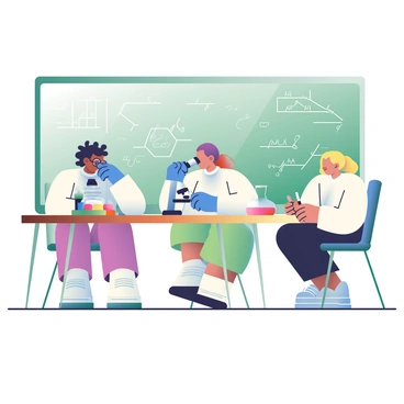 A group of three students is conducting science experiments at a wooden table. One student, with curly black hair and glasses, is peering into a microscope, adjusting the focus with one hand. The second student, wearing a white lab coat and blue gloves, is carefully placing a petri dish under the microscope's lens, while the third student, with straight blonde hair tied in a ponytail, is writing notes in a notebook with a pencil. Various colorful petri dishes are spread across the table, some containing different substances. There are also labels next to each petri dish indicating their contents. The background features a large chalkboard with scientific diagrams and equations written on it.