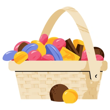 A wicker basket with a textured, light brown surface and woven patterns. The basket is overflowing with a vibrant assortment of candies and chocolates. There are colorful wrappers on round and square candies in shades of red, blue, and yellow, some glistening under light. Various chocolate bars, some with nuts and others with swirls of caramel, are nestled among the candies. The scene includes a few chocolate truffles with smooth, glossy surfaces, some dusted with cocoa powder. The basket is positioned on a wooden surface with a soft, warm lighting that highlights the textures and colors of the treats inside.
