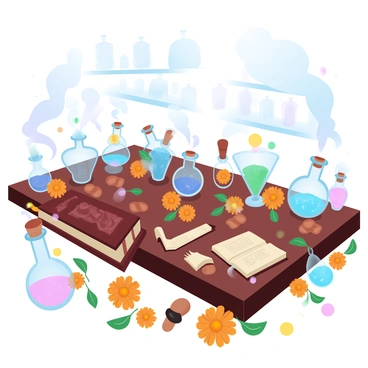 An alchemist's table is covered with vibrant orange and yellow calendula flowers scattered across the surface. Various glass bottles filled with colorful, swirling liquids are arranged in disarray. Some of the potions have corked tops, while others are open, releasing wisps of smoke. A few ancient-looking books with worn covers lie among the flowers and potions, their pages slightly ruffled. The table itself is made of dark wood, adding a rich contrast to the bright flowers and colorful potions. In the background, there are hints of shelves filled with more jars and herbs, creating a sense of depth and complexity.