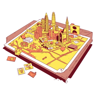 A yellow map is laid out across a wooden table, displaying a bustling city filled with intricate details. Prominent landmarks are highlighted in orange, including a towering skyscraper and a historic cathedral, both rendering their unique architectural styles. Vibrant street art is visible on many walls, featuring large murals of animals and abstract designs that add character to the streets. Hidden gems like a quaint café with outdoor seating and a small park with colorful flowers are marked with tiny orange icons. The map is surrounded by various small trinkets representing the city, such as keychains and postcards, creating an inviting atmosphere.