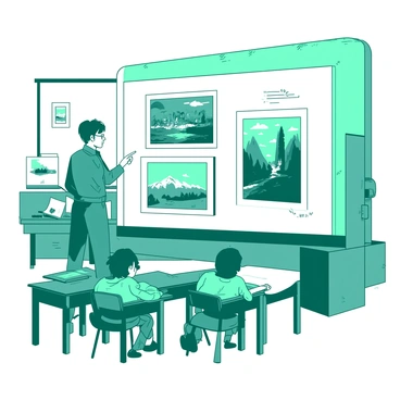 A teal teacher stands in front of a large white screen, pointing at several famous paintings displayed on it. The classroom is filled with wooden desks and chairs, and there are art supplies scattered around. The screen shows iconic artworks, each framed in a bold white border. The teacher is dressed in a casual outfit, and their expression is engaging as they explain the significance of the paintings to attentive students seated in the foreground.