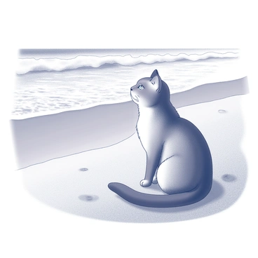 A cat with a fluffy coat is sitting on a sandy beach. The cat's gaze is directed towards the ocean waves, which are rolling in rhythmically against the shore. The landscape features smooth stretches of sand, with gentle undulations where the tide meets the land. In the background, the ocean is visible, with foamy waves creating a textured surface. The scene captures the calm interaction between the cat and the natural environment around it.