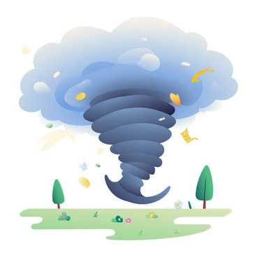 A large, dark tornado is spinning fiercely in an open field. The tornado is characterized by its funnel shape, with swirling clouds and a base that touches the ground. Around the tornado, various pieces of debris like straw, small branches, and dust are being lifted and drawn into the vortex. The field is dotted with patches of green grass and wildflowers, contrasting with the turbulent sky above. In the background, a few trees stand still, showcasing the calm before the storm. The atmosphere is charged with energy, as the tornado continues to churn ominously.