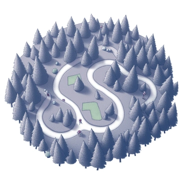 An aerial view of a dense forest filled with various types of trees, showcasing a network of hiking trails. The trails are clearly defined, winding through the greenery with a mix of straight paths and gentle curves. Some trails are wider, while others are narrow, indicating different levels of usage. The forest canopy above forms a rich texture, with the tree tops slightly varying in density. Small clearings can be seen along the trails, providing resting spots for hikers. Markers indicating trail directions and distances are placed at various points along the paths.