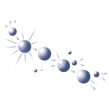 An illustration showing a sequence of ionization events resembling a domino effect. The first element is a particle that is being ionized, depicted with clear energy trails emanating from it. Following this, several particles are shown in various stages of ionization, each being activated in succession. The background contains subtle representations of electrons and energy waves interconnected with the particles, emphasizing the chain reaction mechanics. The overall composition conveys a dynamic flow of energy and movement through the arrangement of ionized particles.
