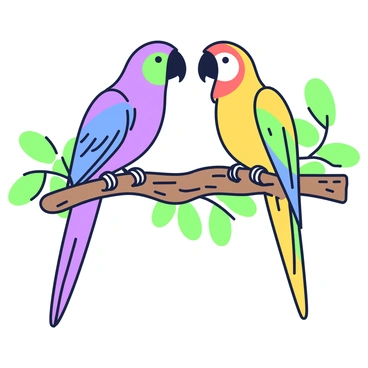 Two tropical parrots are perched on a branch, facing each other. One parrot has a vibrant blue body and a green head, while the other is predominantly yellow with a bright red forehead. The branch is textured with rough bark, and green leaves surround them, creating a lush background. The parrots have long tails that hang down gracefully. Each parrot has a curved beak and expressive eyes, adding to their lively appearance.