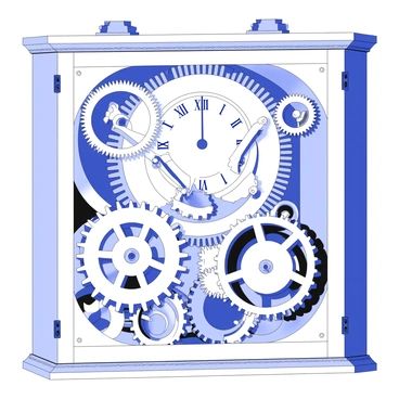 An intricate set of gears is turning within an old-fashioned clock mechanism. The gears vary in size and shape, with some featuring circular teeth while others have more complex designs. The clock face, visible in the background, has Roman numerals marking the hours. The mechanism is made of polished metal, showcasing a blend of brass and silver tones. Springs and levers are also visible, contributing to the complexity of the design. The entire mechanism is encased in a wooden frame with ornate carvings along the edges.