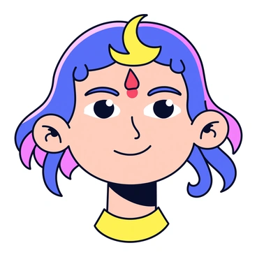 A minimalistic cartoon illustration of "Durga's face". The face has distinct features, including large, expressive eyes and a serene smile. Surrounding her forehead is a decorative "crescent moon" symbol. Bold colors such as "red", "blue", and "gold" fill her face and are used to create angular shapes that enhance her features. There is a "red bindi" on her forehead. The background is kept simple to emphasize the details of her face.