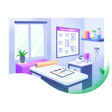 A health clinic examination room featuring a chart on the wall displaying "Penis Size Chart" in clear, bold letters. The chart presents various illustrations of different sizes, arranged in a straightforward manner. There is a white examination table with a roll of paper on top, a small potted plant on a windowsill, and medical equipment neatly organized on a nearby shelf. Soft lighting illuminates the clean, professional environment, while a clipboard and pen rest on the table.