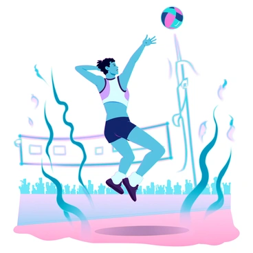 A volleyball player with an athletic build and short black hair is jumping high in the air to spike a volleyball. The player's uniform is a bright blue and white, contrasting against the sandy beach. The volleyball is in motion, captured mid-air with a trail of energy bursts following it. Surrounding the player are dynamic forms resembling waves of energy and light, radiating outward as if emphasizing the intensity of the moment. The background features an abstract representation of a volleyball court, with hints of spectators blurred in excitement.