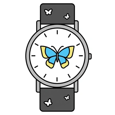 A wristwatch featuring a round face, with a detailed "papillon butterfly" motif at the center. The butterfly has vibrant blue and yellow wings, delicately patterned with intricate designs. The watch band is made of smooth black leather, incorporating small engraved butterflies that complement the central motif. The watch has a silver casing, with clear hour markers and sleek hands indicating the time.