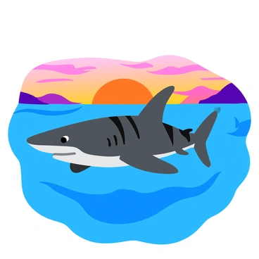 A tiger shark with distinctive vertical stripes is swimming parallel to the horizon in the ocean. The water is clear and rippling gently around the shark. The sky is illuminated with vibrant hues of orange, pink, and purple, as the sun sets on the horizon. The surface of the water reflects these warm colors, creating a beautiful contrast with the blue depths below. The shark's dorsal fin is prominently visible above the water.