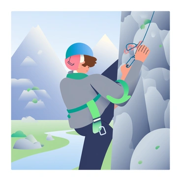 A mountain climber with short brown hair is adjusting a carabiner to secure their harness on a rugged, rocky cliff face. The climber is wearing a bright blue helmet and a gray climbing jacket, with a green harness strapped around their waist. Their hands are gripping the textured rock surface for support. In the background, jagged peaks rise against a clear blue sky, and patches of greenery are visible at the base of the cliff. Below, a small stream winds through the valley, reflecting the sunlight.