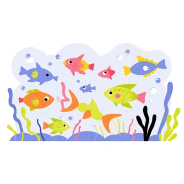 A colorful mosaic featuring various fish designs arranged together to form an intricate underwater mural. The mosaic includes fish in shades of blue, orange, yellow, and green, each with unique patterns and shapes. Surrounding the fish are stylized coral elements in vibrant colors. The background is a light blue, mimicking the ocean water, while bubbles in varying sizes float throughout the mural, adding to the underwater theme.