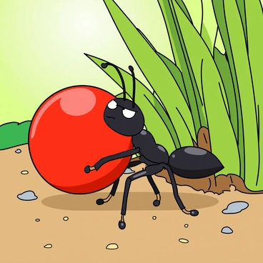 A small black ant with shiny exoskeleton is carrying a round red berry that is significantly larger than its head. The ant has a determined expression in its eyes, showcasing its resolve as it makes its way back to its nest. The nest is a small mound of dirt, partially hidden among vibrant green grass blades. Sunlight casts soft shadows on the ground, highlighting the ant's journey. Tiny gravel and pebbles are scattered around, adding texture to the scene.
