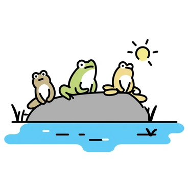 A group of three frogs, each with different shades of green and brown, sitting closely together on a gray rock. They are positioned at the edge of a gently flowing river, surrounded by sparse patches of grass. The sun is shining brightly, casting soft shadows on the rock. One frog has its eyes wide open, while another is resting with its eyes closed, and the third is looking towards the river. The water reflects the sunlight, creating glimmers that enhance the tranquil setting.