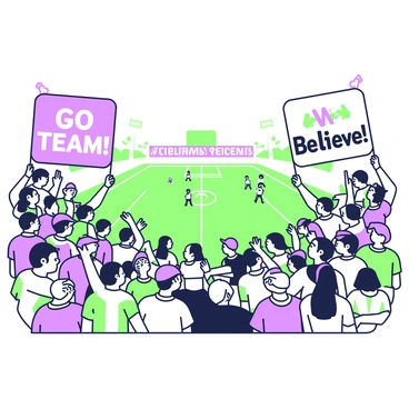 A lively crowd is gathered in the stands of a stadium, filled with excitement and energy. People of various ages are standing and cheering enthusiastically, their faces painted with team colors. Many individuals are waving large banners that read "Go Team!" and "We Believe!" in bold letters. Some fans are wearing jerseys and hats, showing their support for the team. The atmosphere is dynamic, with a sense of camaraderie among the spectators. In the background, the field is visible, where players are warming up for the game.