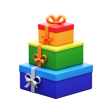 A stack of presents, each wrapped in a different color, arranged to form a rainbow pattern. The presents vary in size, from small to large, with vibrant red, orange, yellow, green, blue, indigo, and violet wrapping paper. Each gift is topped with a shiny ribbon, adding a festive touch. The presents are neatly stacked on top of each other, creating a visually striking display.