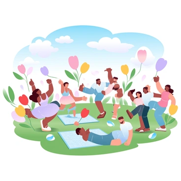 A group of people is celebrating in a vibrant field filled with blooming tulips of various colors, including shades of red, pink, yellow, and purple. The individuals are dressed in colorful clothing, with some holding decorative balloons and others enjoying picnic blankets spread out on the grass. In the background, a clear blue sky is dotted with fluffy white clouds, creating a cheerful atmosphere. A few people are dancing, while others are laughing and chatting, surrounded by the beauty of the tulip flowers swaying gently in the breeze.