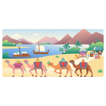 A depiction of ancient trade routes with caravans and ships navigating through landscapes.