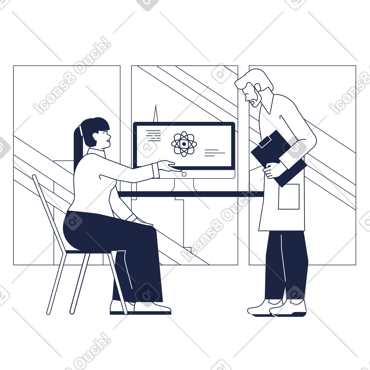 Wissenschaftler, die atom durch den computer studieren-Illustration im Urban Line-Stil als Download in PNG, SVG