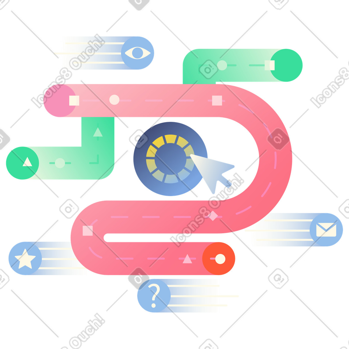 Percorso con cursore e icone, flusso di dati, analisi del interazione dell'utente illustrazione in stile Beam scarica in PNG, SVG