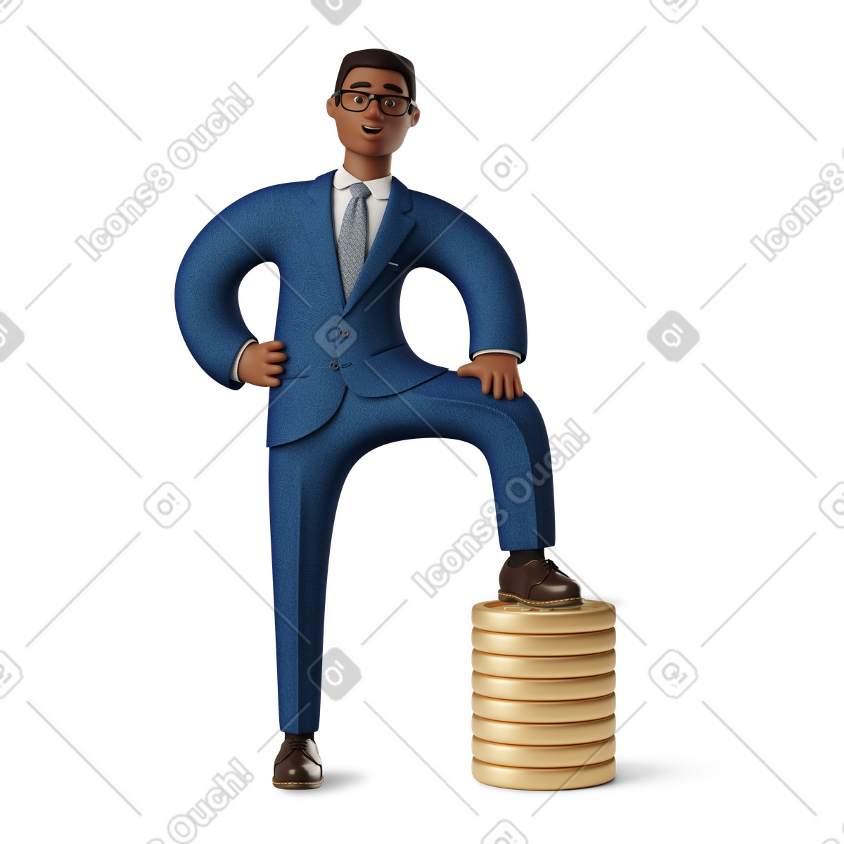 Ilustración Asesor de bitcoin pie sobre una pila monedas con un en estilo 3D Business a descargar en PNG y SVG