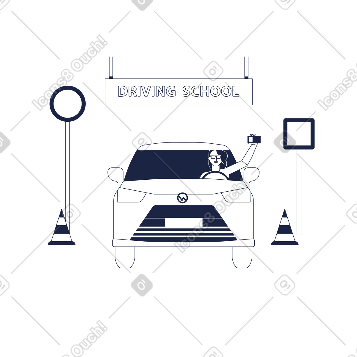 Happy girl driving car shows her license against the background of school illustration in Urban Line style download in PNG, SVG