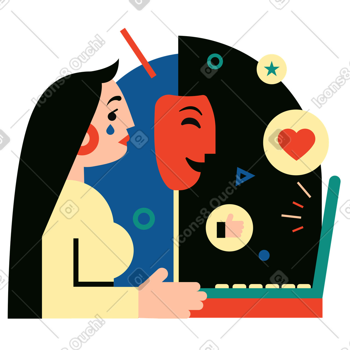 User hiding emotion online, Social network impact and mood masking-Illustration im Polar-Stil als Download in PNG, SVG