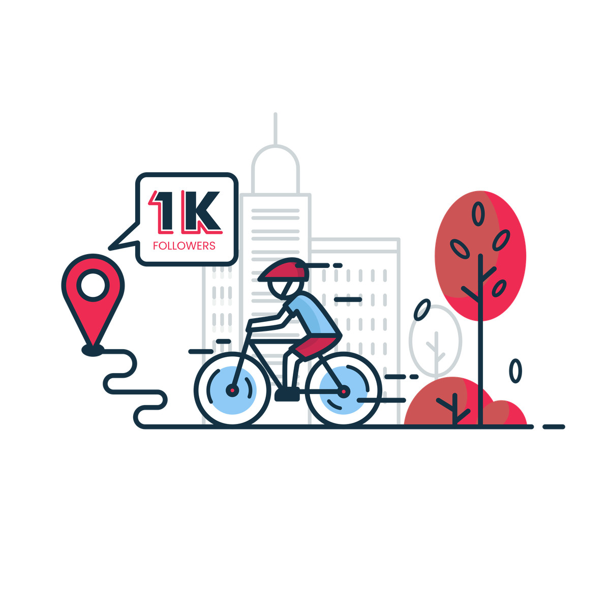 Ilustração de Urban landscape with cyclist and 1k followers popup, social media milestone concept em no estilo Gummy para baixar em PNG, SVG