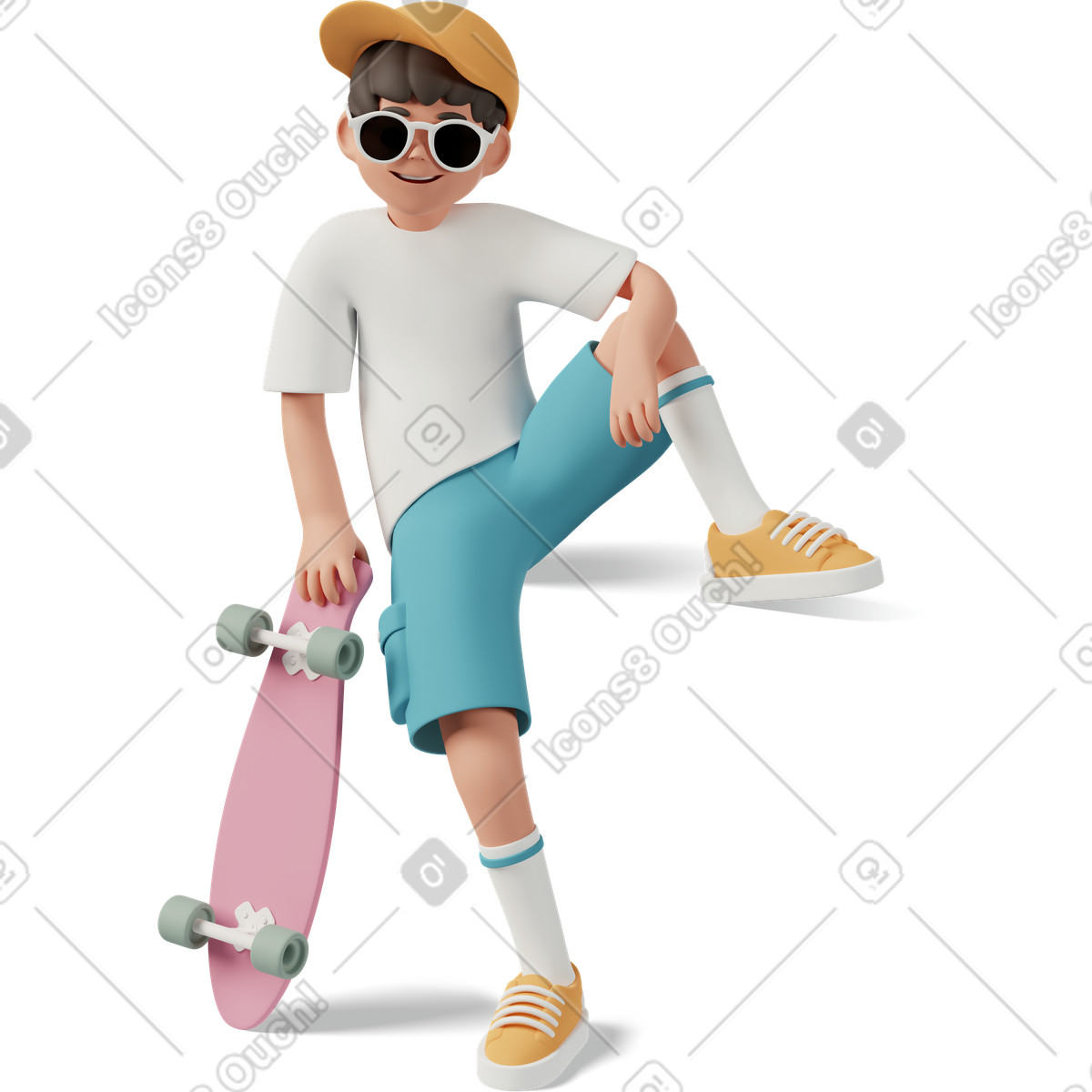 Ilustração de Kid skater with sunglasses and pink skateboard, teenage hobbies fun em no estilo 3D Casual life para baixar em PNG, SVG