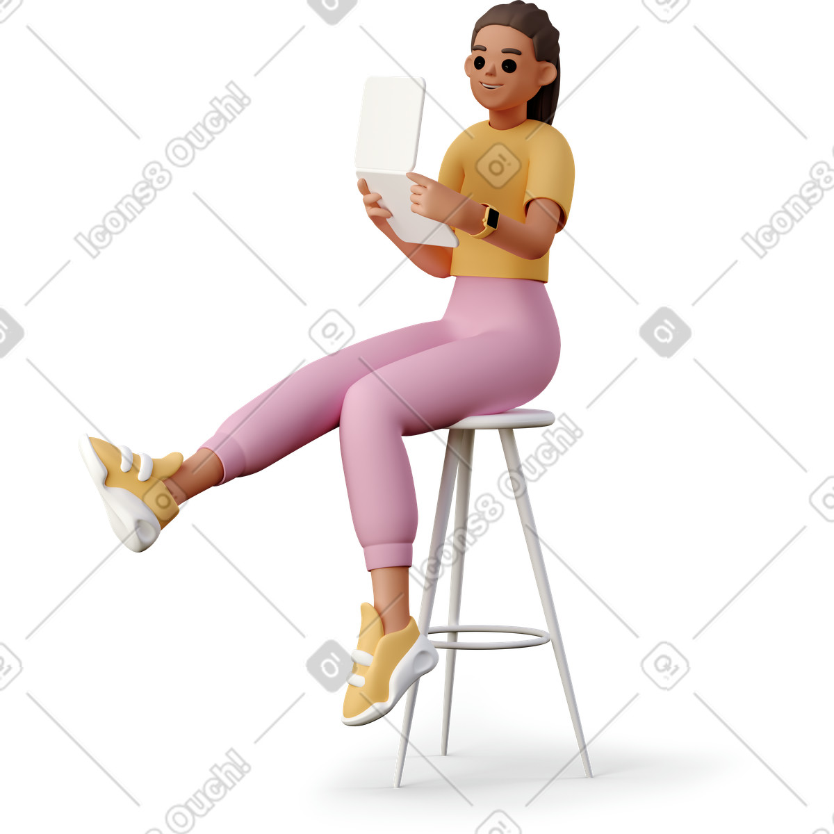 3D Casual life 스타일의 Young woman sitting on stool with laptop 일러스트레이션 PNG, SVG 다운로드