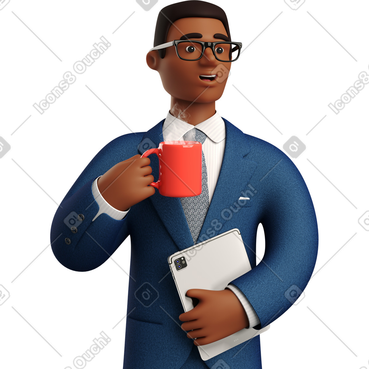 Black businessman in blue suit with coffee mug holding tablet illustration 3D Business style download PNG, SVG
