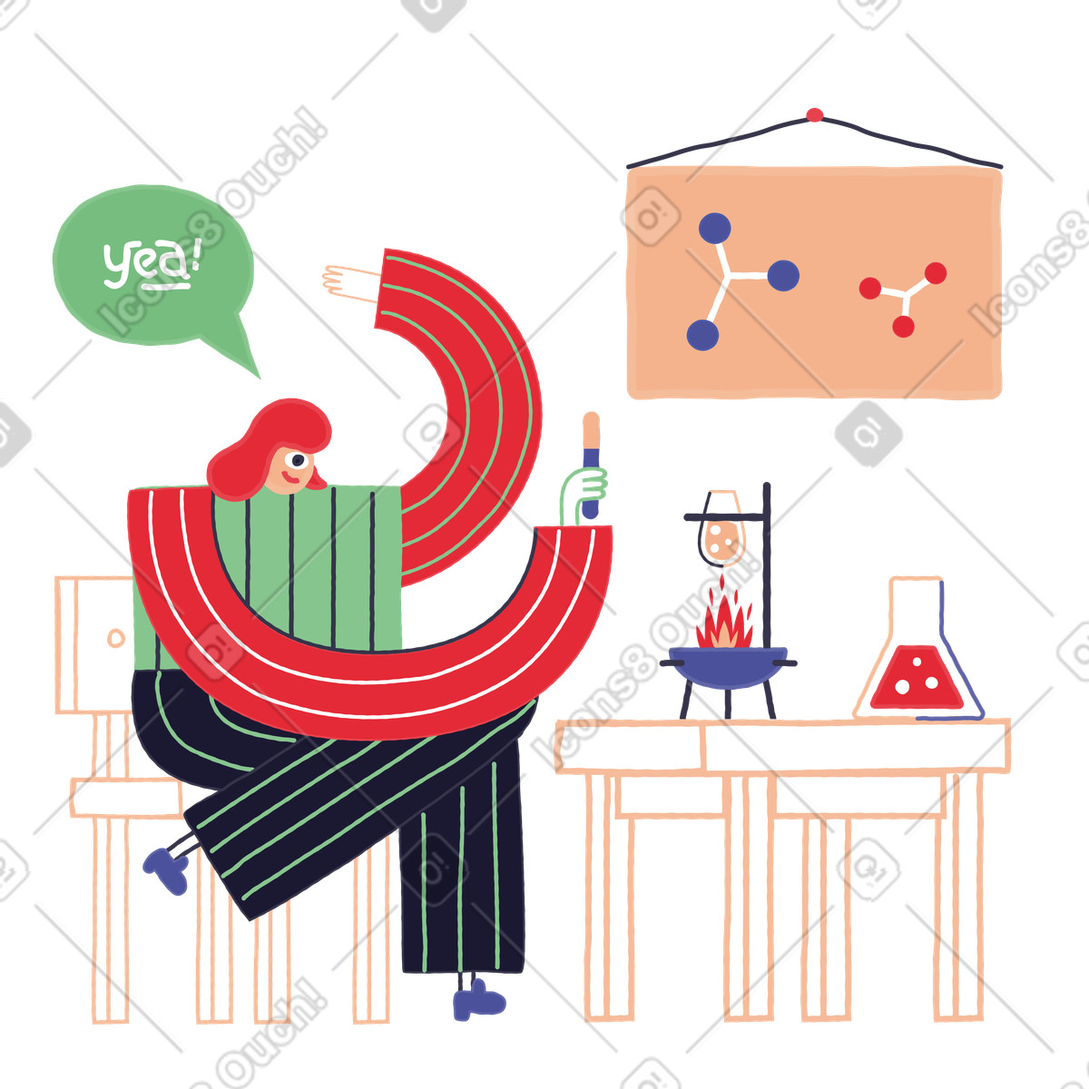 Woman studying chemistry and making breakthrough illustration in Stripy style download in PNG, SVG