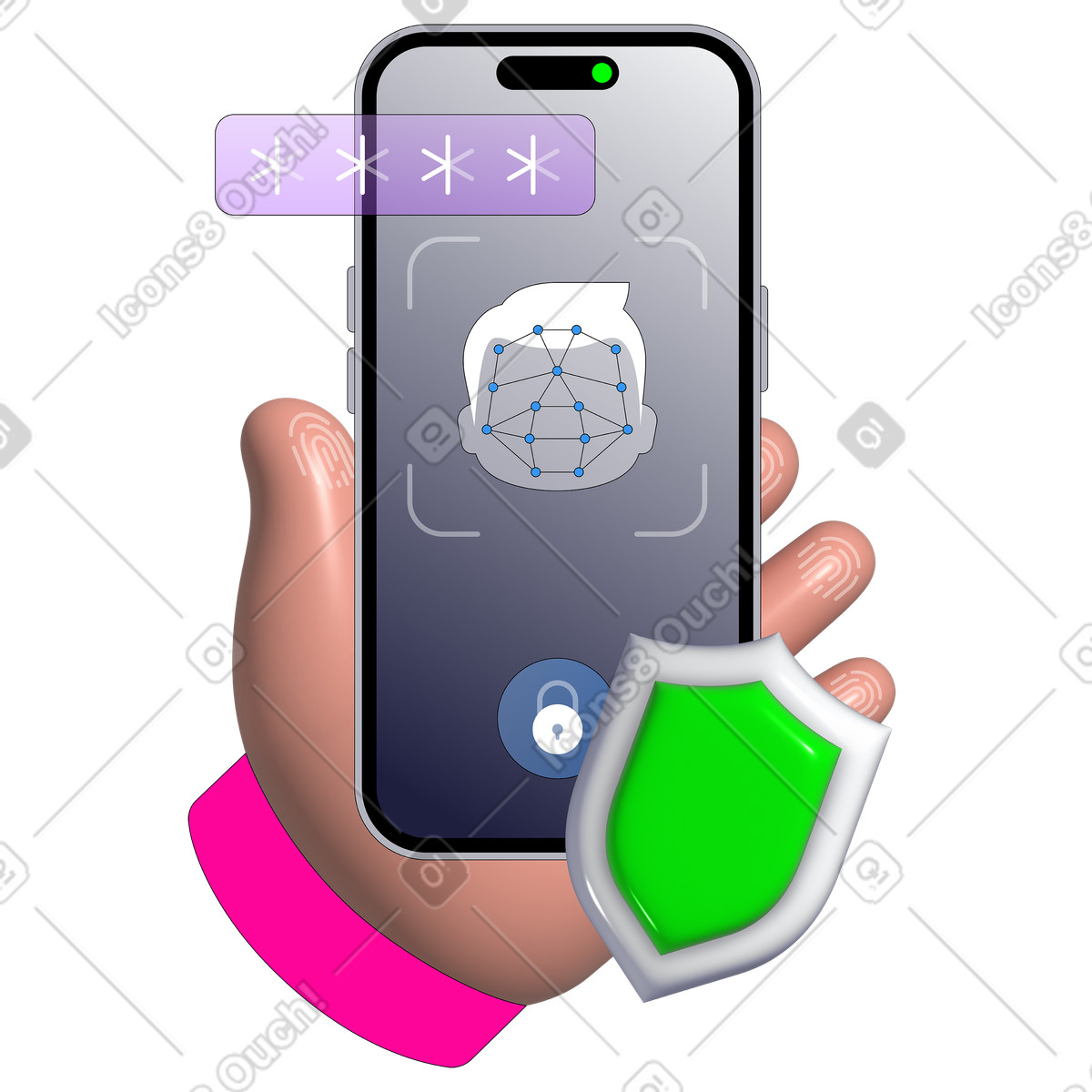 Face identification and secure access on smartphone illustration in Pop style download in PNG, SVG