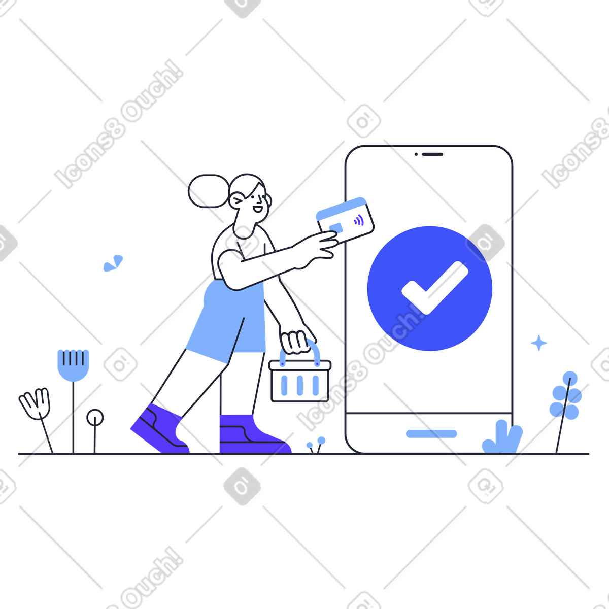 Ilustração de Garota com uma cesta e um cartão bancário nas mãos fica ao lado do celular em no estilo Pablita para baixar em PNG, SVG