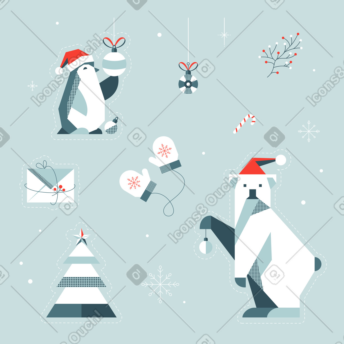 Ilustración Pack de pegatinas con oso polar y pingüino en estilo Nordic a descargar en PNG SVG