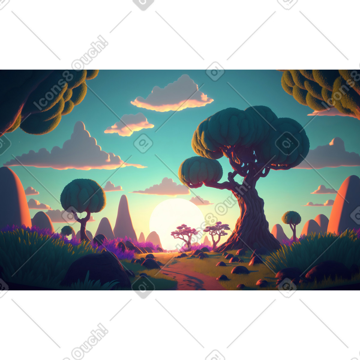 3D fantasy sunset background illustration in Experimental style download in PNG, SVG