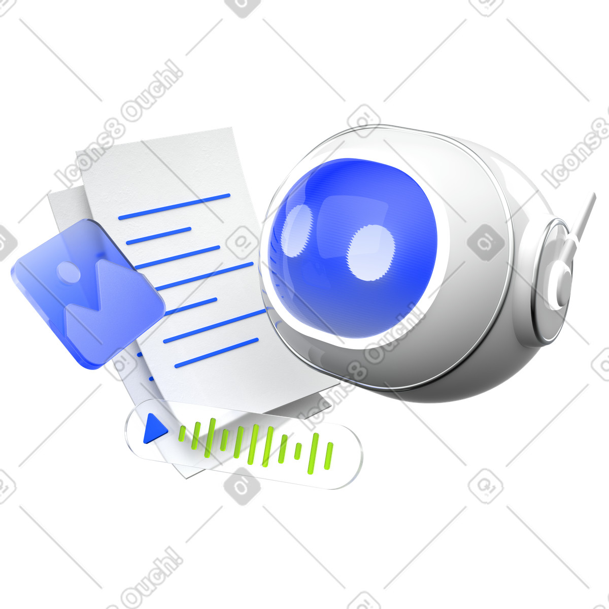 Ilustración Asistente de chatbot con ia y contenido generativo, documentos elementos multimedia en estilo 3D Enterprise a descargar en PNG SVG