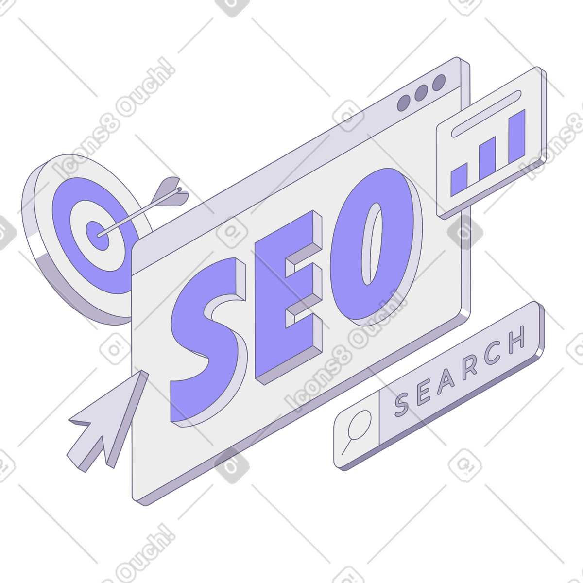Ilustración animada Letras seo con texto de destino, cursor y barra búsqueda en estilo Modul a descargar en GIF, Lottie (JSON), AE