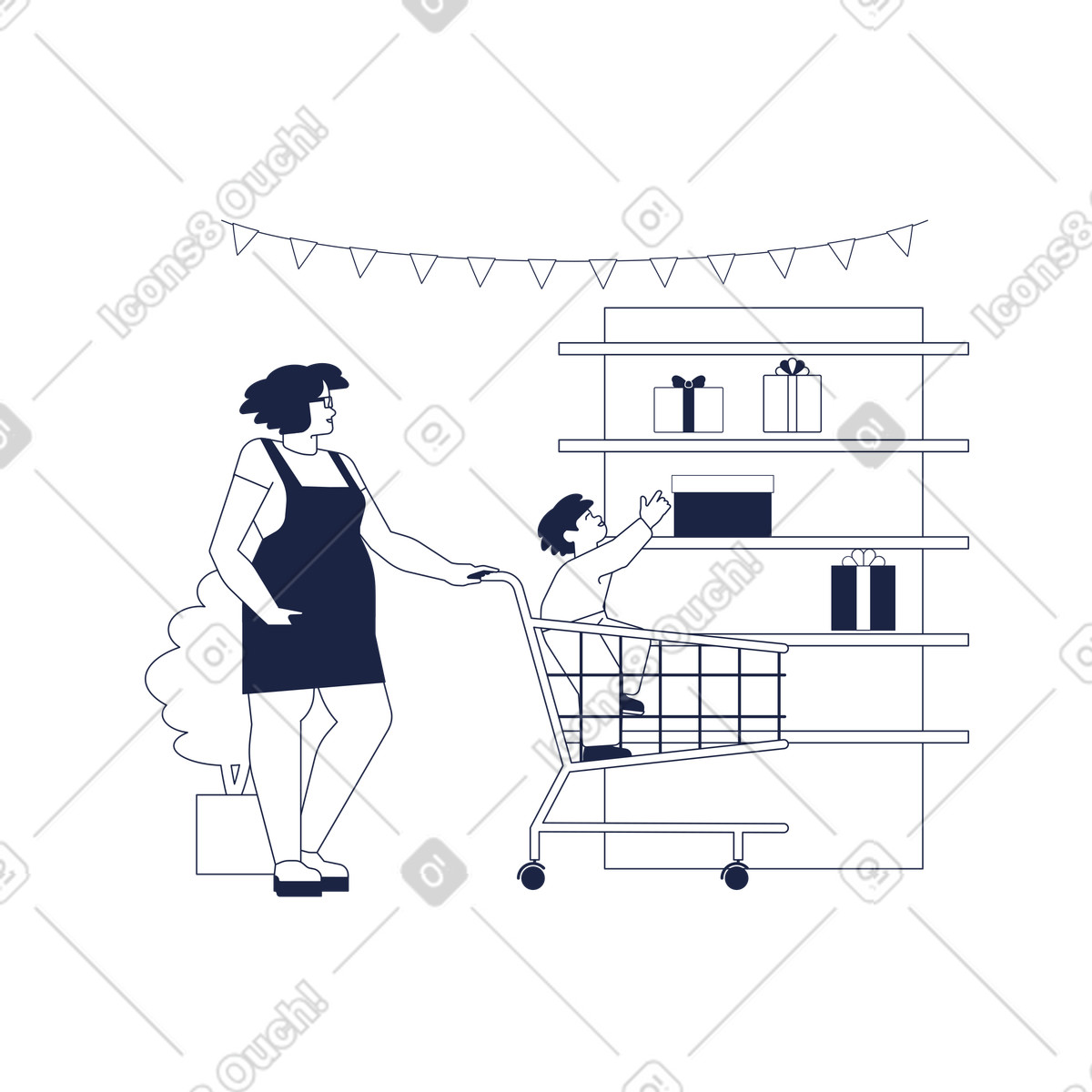 Parent and child in store aisle with gifts, Festive shopping experience illustration Urban Line style download PNG, SVG