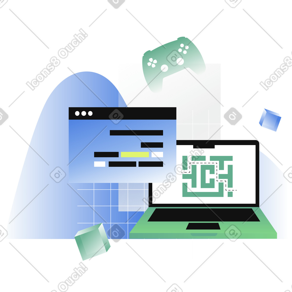 Ilustração animada de Desenvolvimento de jogos e design de jogos em GIF, Lottie (JSON), AE