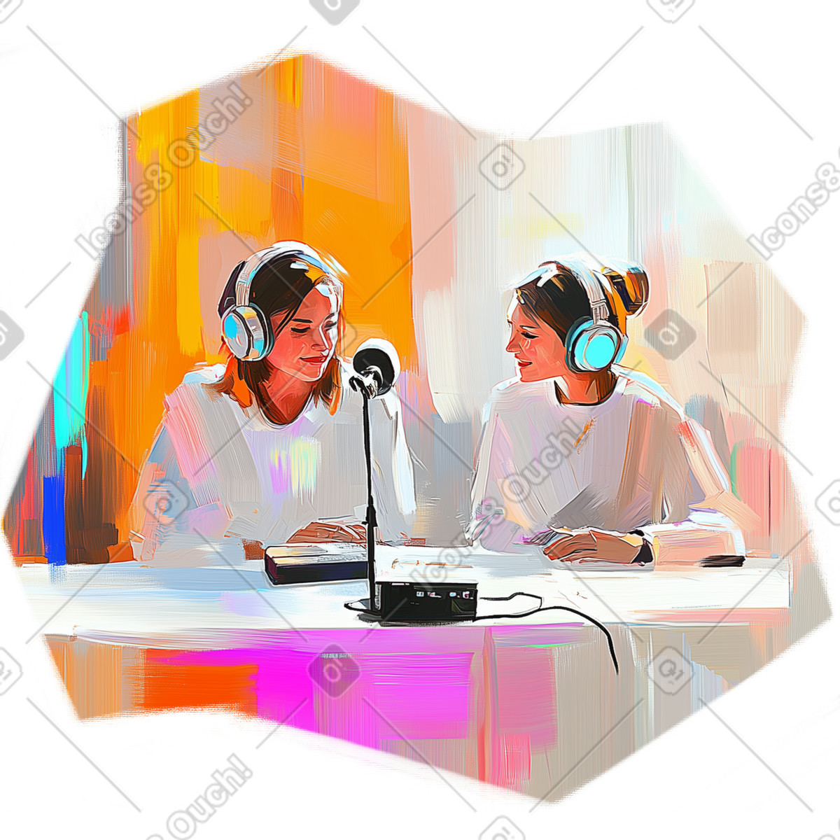 Ilustración Pintura al óleo de mujeres presentando podcast en estilo Pictorial a descargar en PNG y SVG