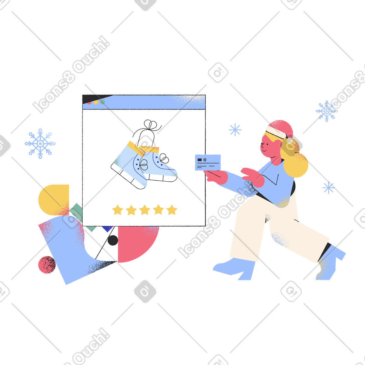Ilustración Mujer con tarjeta de crédito comprando patines hielo en línea estilo Pablo a descargar PNG y SVG